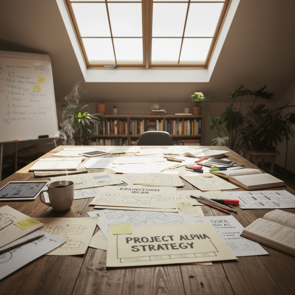 Strategy documents and business planning materials on a workspace table