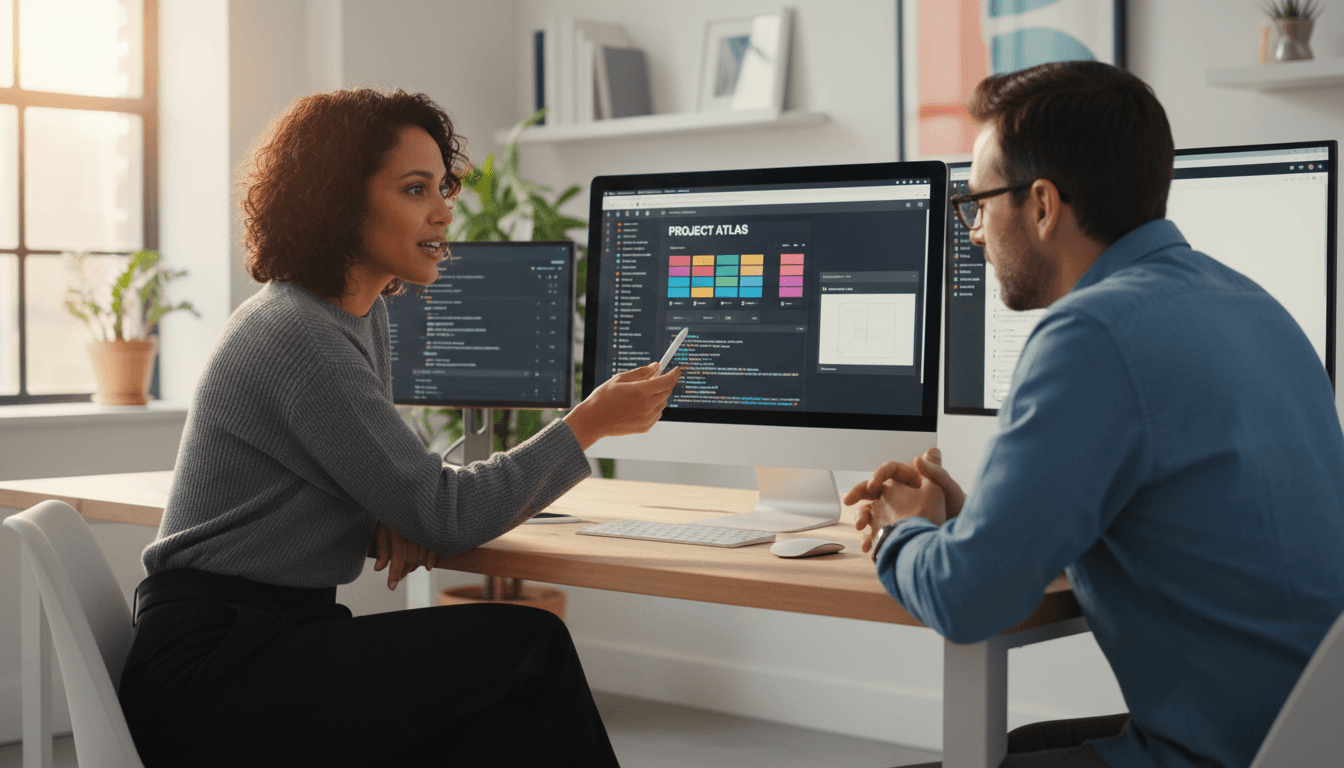 Female web developer explaining code on large monitor during professional client consultation meeting at modern desk